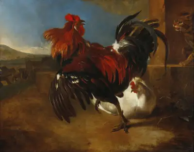 Geflügelhof mit erzürntem Hahn von Melchior d'Hondecoeter