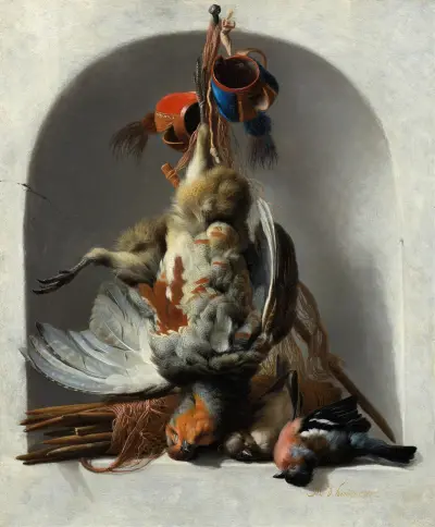 Stillleben mit Vögeln und Jagdgerät in einer Nische von Melchior d'Hondecoeter