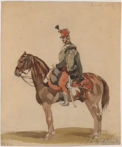 Österreichischer Husar auf einem braunen Pferd von Piotr Michałowski