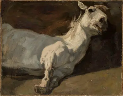 Weißes Pferd auf dem Boden liegend von Piotr Michałowski