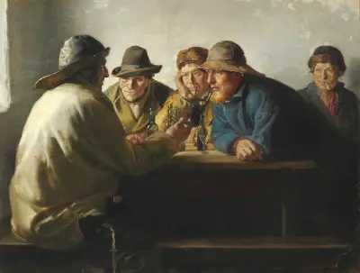 Fiskere omkring et bord drikker en fyraftensøl av Michael Ancher