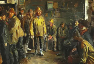 I købmandens bod en vinterdag når der ikke fiskes av Michael Ancher
