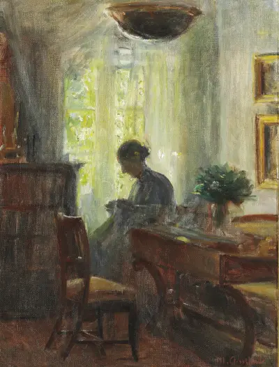 Interieur fra Kunstnerens Hjem. Fru Anna Ancher ved Sytøjet av Michael Ancher