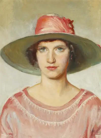 Portræt af en pige i lyserød kjole og stråhat med lyserødt bånd av Michael Ancher