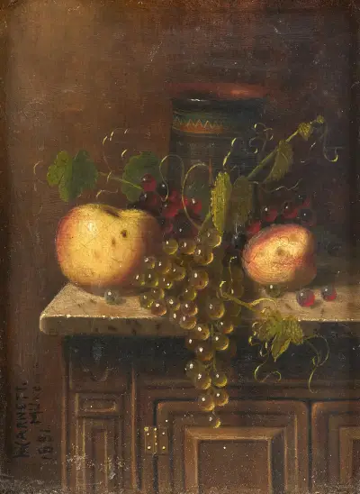 Stillleben mit ägyptischer Vase, Äpfeln und Weintrauben auf einer Marmorkonsole von William Michael Harnett