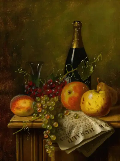 Stillleben mit Früchten, Champagnerflasche und Zeitung von William Michael Harnett