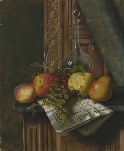 Stillleben mit Münchner Zeitung, Obst und Karaffe von William Michael Harnett