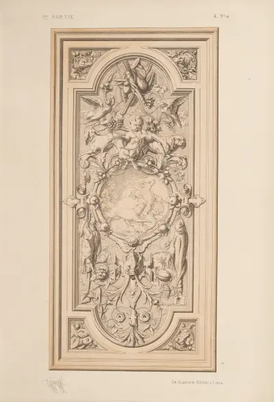 Panneau, bois sculpté. Sujets de chasse et de pèche av Michel Liénard
