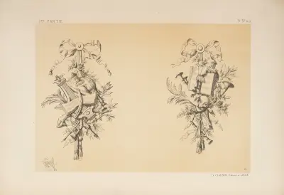 Trophées, bois sculpté; style Louis XVI av Michel Liénard