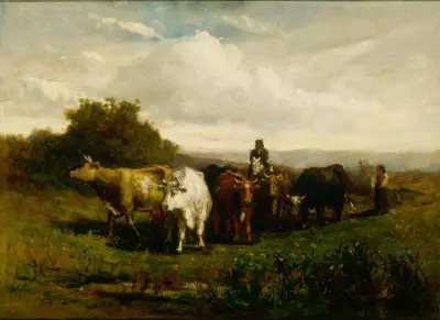 Untitled (man on horseback, woman on foot driving cattle), 1880 av Edward Mitchell Bannister