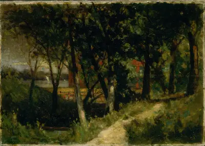 Untitled (landscape, forest scene with red fence and building), 1893 av Edward Mitchell Bannister