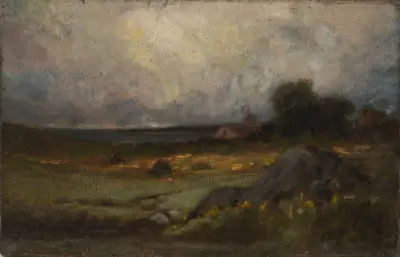 Untitled (landscape with rock in foreground and roof with steeple, lake in background) – nr 3 av Edward Mitchell Bannister