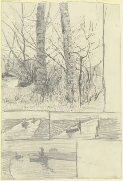 Birkenstämme; Drei Studien eines Moorkanals mit Kähnen von Paula Modersohn-Becker