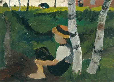 Junge auf dem Weg unter Birken von Paula Modersohn-Becker
