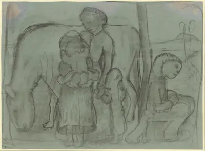Fünf Kinder, Esel und Hund von Paula Modersohn-Becker