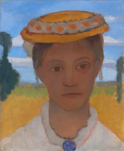 Kopf der Schwester Herma mit Marienblümchenkranz auf dem Hut von Paula Modersohn-Becker