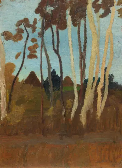 Landschaft mit Birken, im Hintergrund zwei Hausgiebel av Paula Modersohn-Becker
