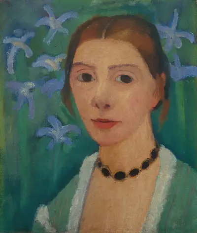 Selbstbildnis vor grünem Hintergrund mit blauer Iris von Paula Modersohn-Becker