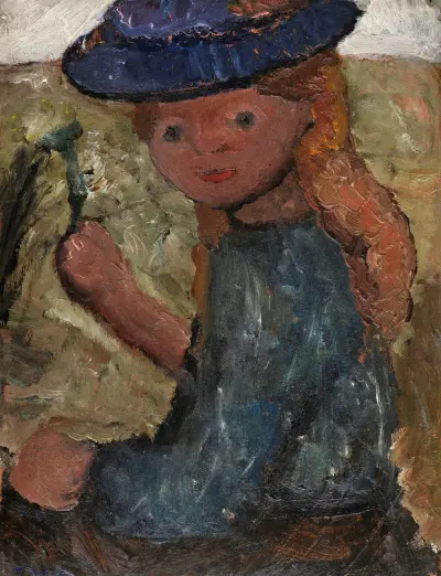 Sitzendes Mädchen mit blauem Hut und Blume in der rechten Hand von Paula Modersohn-Becker