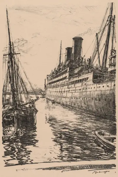 On the Clyde, 1917-1918; The Tuscania at Glasgow av Muirhead Bone