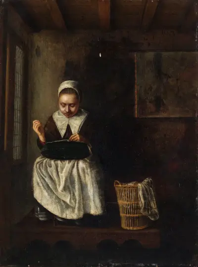 A Girl Sewing av Nicolaes Maes