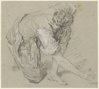 Auf allen vieren am Boden hockender Mann (mit Küken spielender Bursche), 1730 – nr 1 av Nicolas Lancret