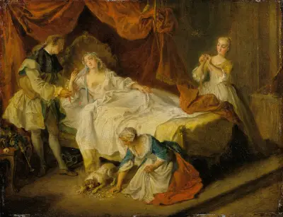 Le petit chien qui secoue de l’argent et des pierreries (The Little Dog shaking Money and Gems) av Nicolas Lancret