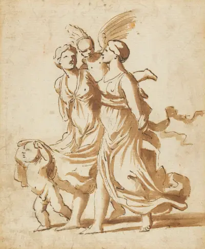 Two Girls Accompanied by Cupid av Nicolas Poussin