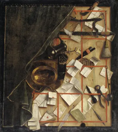 Trompe L’oeil. Letter Rack With A Barber-Surgeon’s Instruments av Cornelis Norbertus Gijsbrechts
