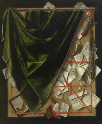 Trompe-l’oeil; Letter Rack with a Pocket Violin and a Pistol av Cornelis Norbertus Gijsbrechts