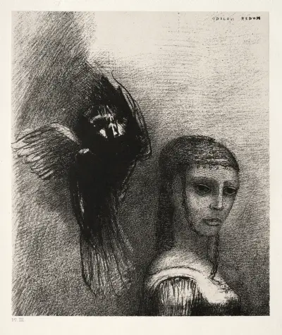 And a Large Bird, Descending from the Sky, Hurls Itself against the Topmost Point of Her Hair av Odilon Redon