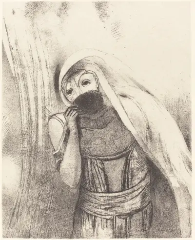 Elle tire de sa poitrine une eponge toute noire, la couvre de baisers (She draws from her bosom a sponge, perfectly black, and covers it with kisses) av Odilon Redon