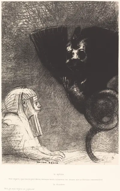 Le Sphynx…mon regard que rien ne peut devier, demeure tendu a travers les choses sur un horizon inaccessible. La Chimere – Moi, Je suis legere et joyeuse, 1889 – nr 2 av Odilon Redon