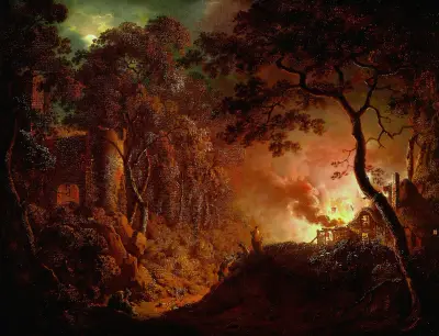 Bauernhof in Flammen von Joseph Wright of Derby
