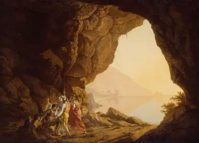 Grotte am Meer im Königreich Neapel mit Banditen, Sonnenuntergang von Joseph Wright of Derby