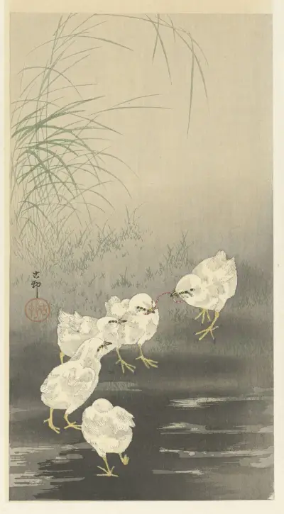 Chicks and Worm von Ohara Koson