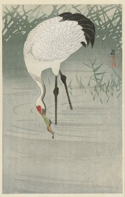 Fishing crane in shallow water av Ohara Koson