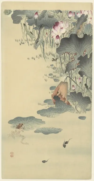 Frog and tadpoles von Ohara Koson