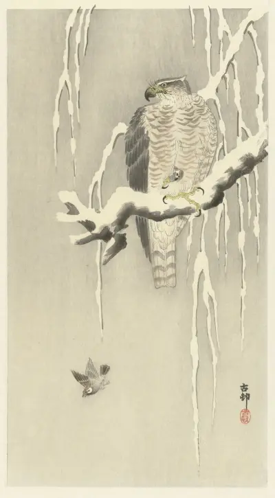 Hawk with captive tree sparrow von Ohara Koson