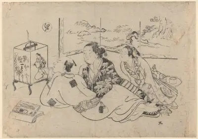 Artist Painting Brazier Cover (two women watching) av Okumura Masanobu