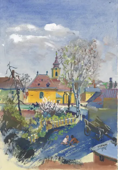 Frühjahr 1946 in Ober St. Veit (Blick auf die Pfarrkirche), Oskar Laske