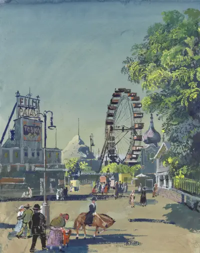 Im Prater bei der Hochschaubahn, Riesenrad u. Filmpalast, Oskar Laske