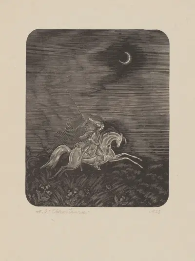 Kosak auf einem weißen Pferd galoppierend, Illustration zu Antoni Malczewskis Roman von Stanisław Ostoja-Chrostowski
