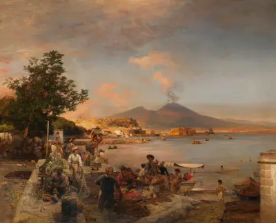 Marktszene bei Neapel mit Blick auf den Vesuv, Oswald Achenbach