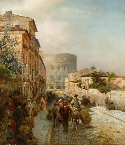 Straße in Rom mit Blick auf das Kolosseum, Oswald Achenbach