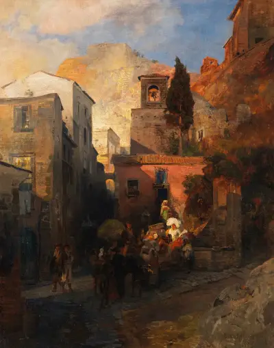 Straßenszene in einem italienischen Bergdorf, Oswald Achenbach