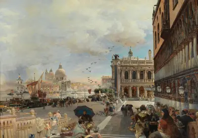Venice, A View Of The Piazzetta, With The Biblioteca Marciana, Santa Maria Della Salute And The Dogana, Oswald Achenbach