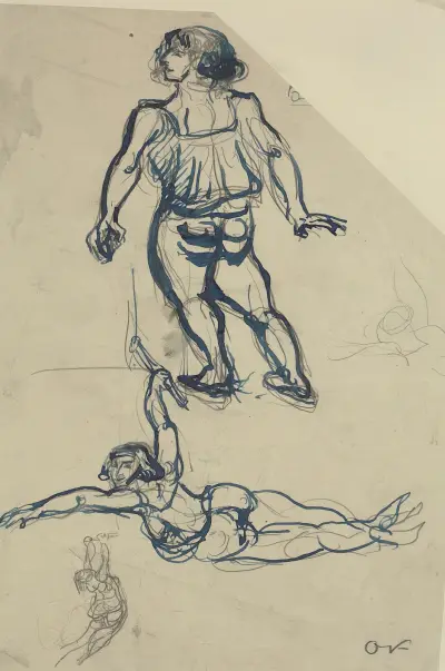 Tre studier af en kvindelig akrobat, i trapez og gående. av Emile Othon Friesz