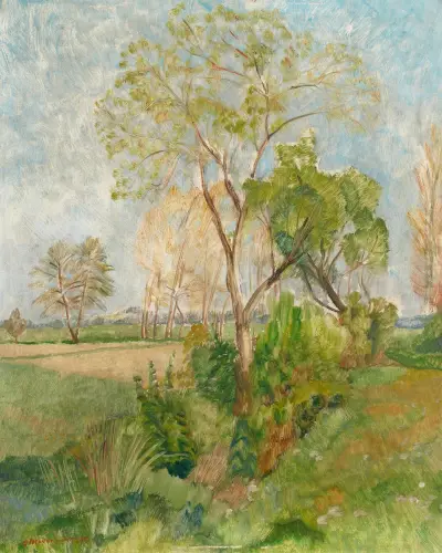 Frühling in den Wümmewiesen – Büsche und Bäume hinter Brelings av Otto Modersohn