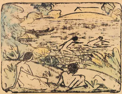 Badeszene mit vier Figuren, Haus und Boot av Otto Mueller